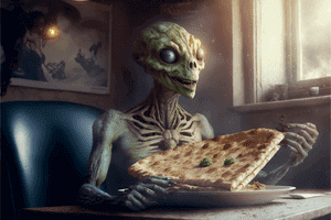 Alien eating prantha in restaurant